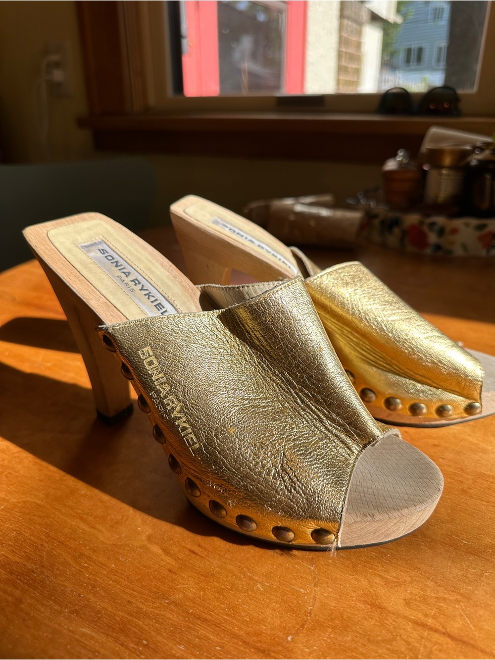 Vintage Sonia Rykiel Open-Toe Heeled Clogs. Like new gold leather, sz 8